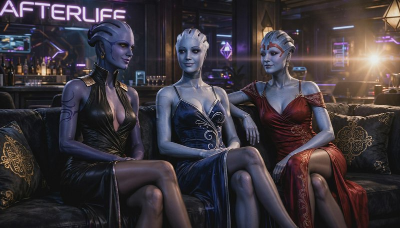 Three elegant Asari aliens seated together on a couch in the neon-lit Afterlife sci-fi bar