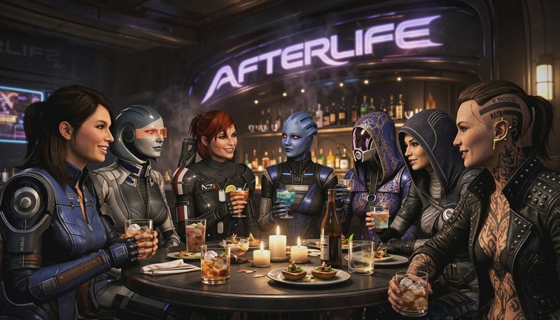 Group of Mass Effect female squad members toasting with drinks at the iconic Afterlife bar