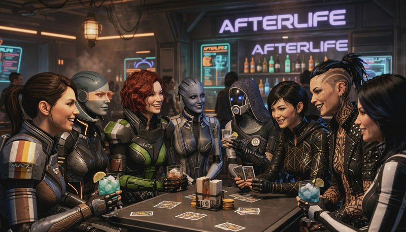 Mass Effect female crew members play cards and share drinks at the iconic Afterlife bar