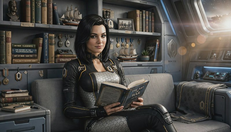 Futuristic female starship officer reading The Art of War in her cozy sunlit spaceship cabin