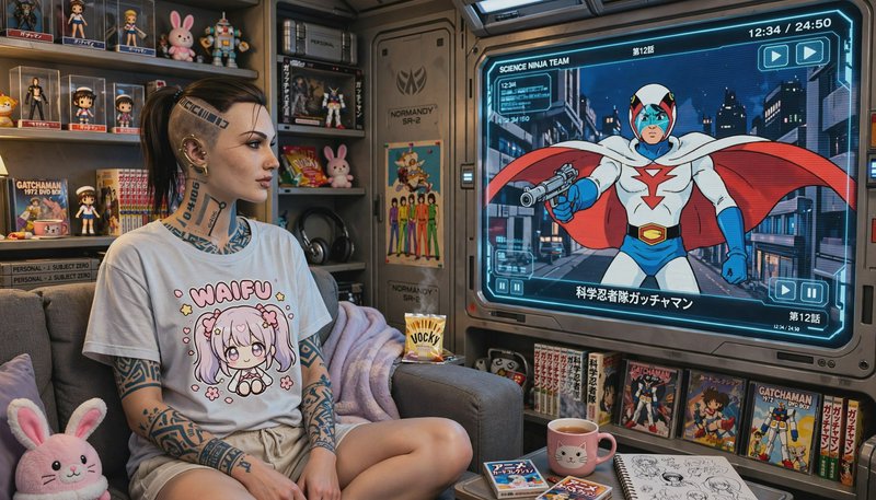 Tattooed cyberpunk anime fan sitting on a couch watching classic Gatchaman in a cozy collector's ...