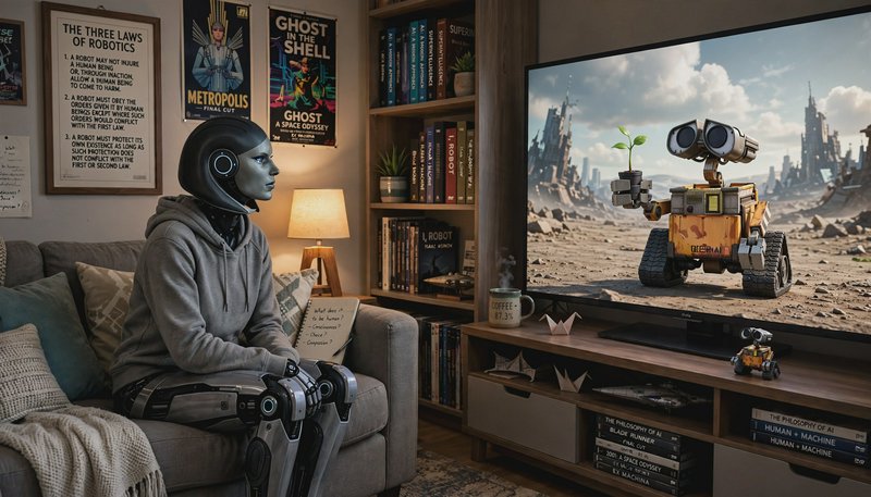 Humanoid robot sitting on a cozy living room couch watching WALL-E play on a large television