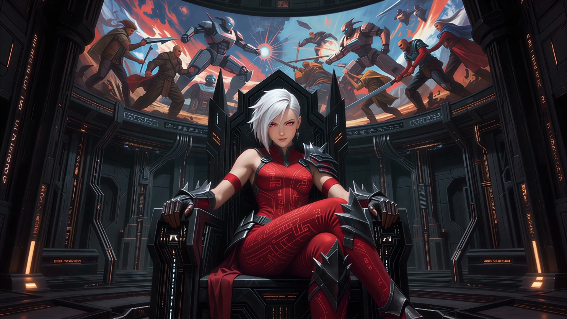 Female warrior with white hair in a red bodysuit sits on a high-tech throne as a futuristic battl...