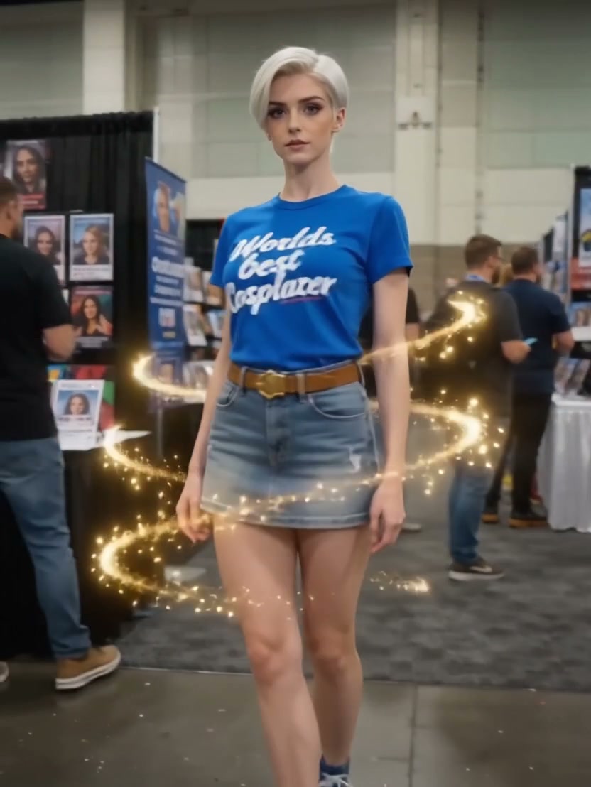 Cosplayer with silver hair in a blue "Worlds Best Cosplayer" tee and denim skirt at a convention,...