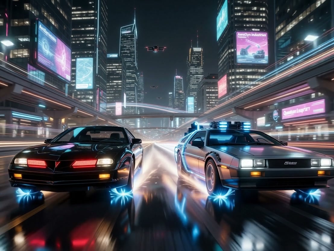 Two neon-lit futuristic cars speed through a rain-soaked, cyberpunk city at night amid glowing bi...