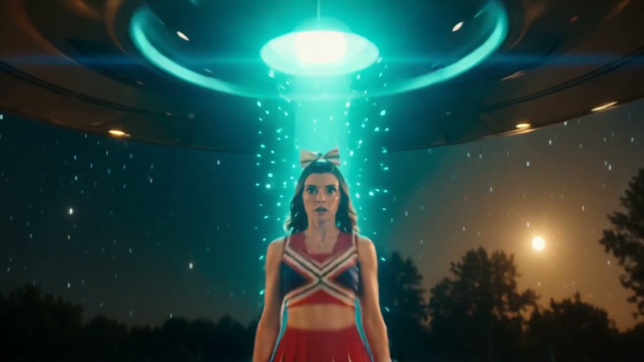 Shocked cheerleader stands under a glowing turquoise UFO abduction beam from a hovering flying sa...