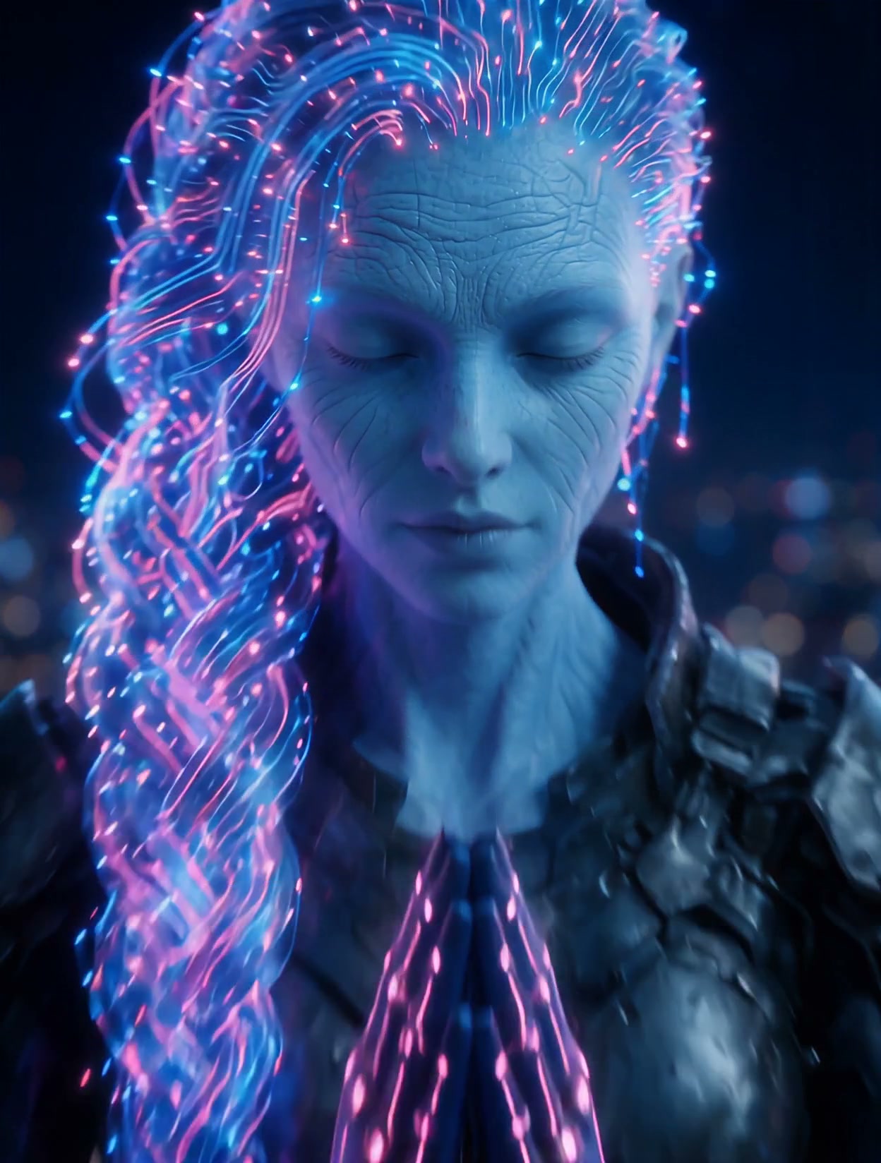 Close-up of blue skinned humanoid with glowing pink and blue neon fiber hair, closed eyes, holdin...