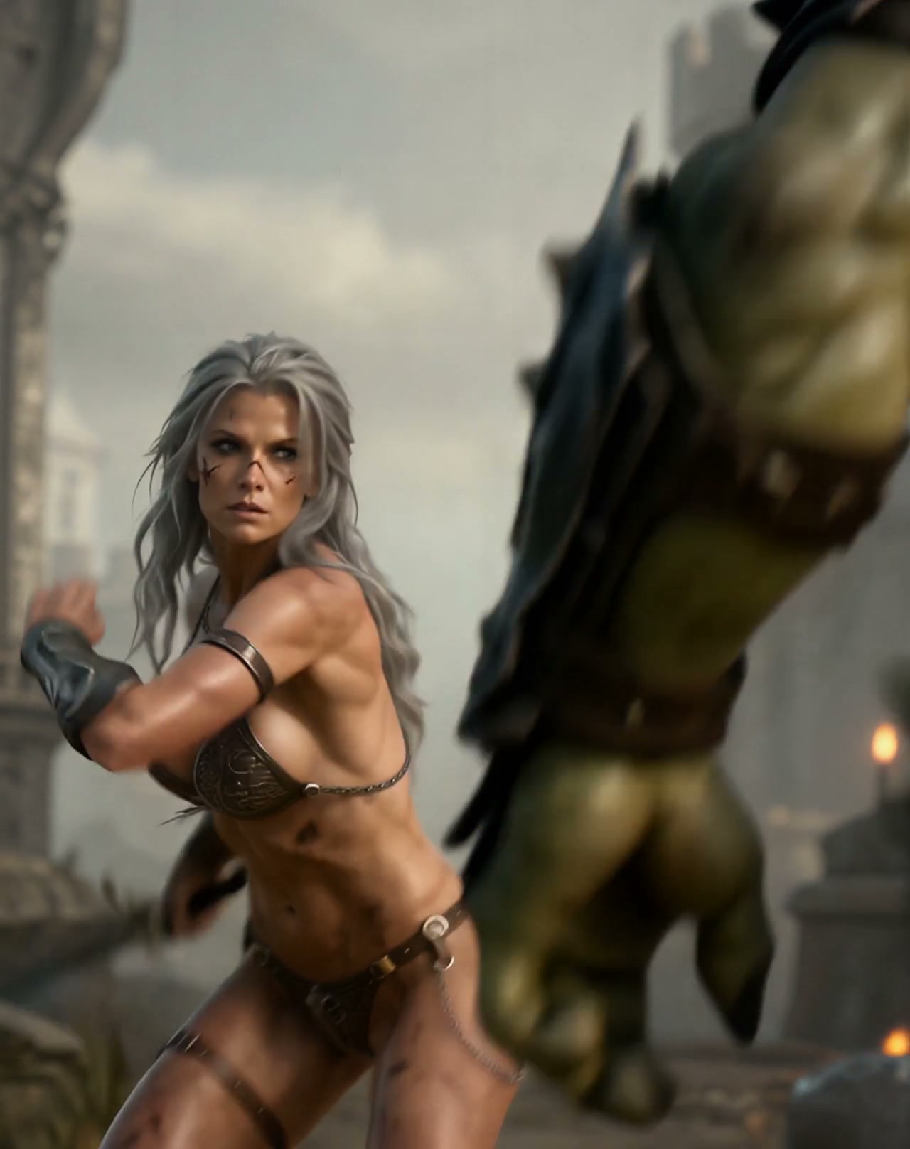 Muscular silver-haired fantasy warrior woman mid-fight with an armored green orc on a misty ruine...