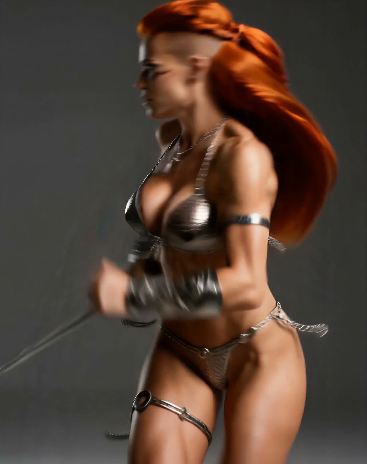 Motion blurred shot of muscular red-haired female fantasy warrior in silver armor, mid combat pos...