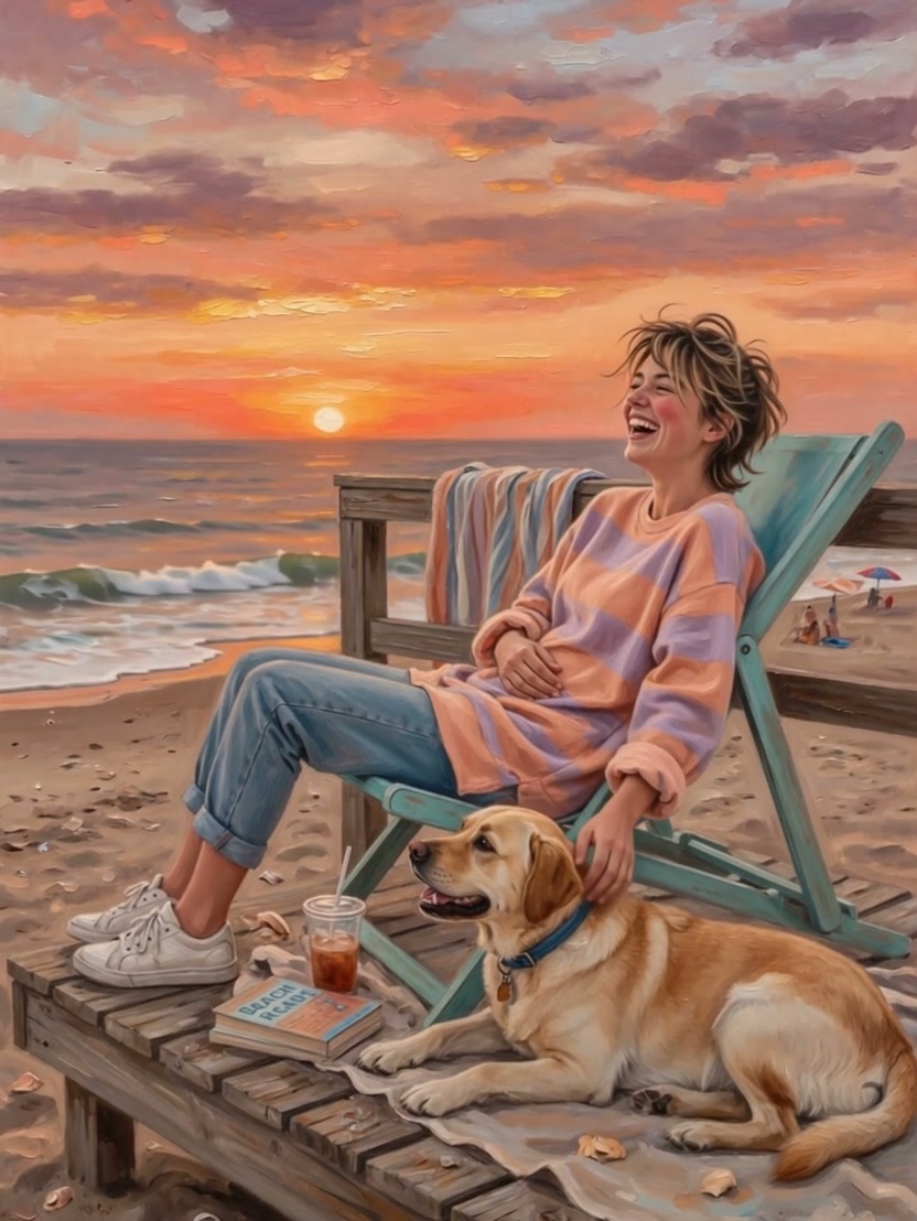 Oil painting of a laughing woman relaxing with her golden retriever on a beach boardwalk at warm ...