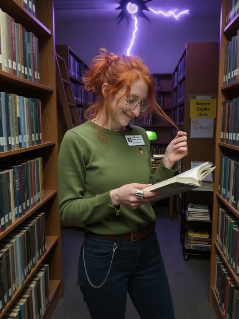 Smiling red-haired female librarian reads an open book between library shelves, with surreal purp...