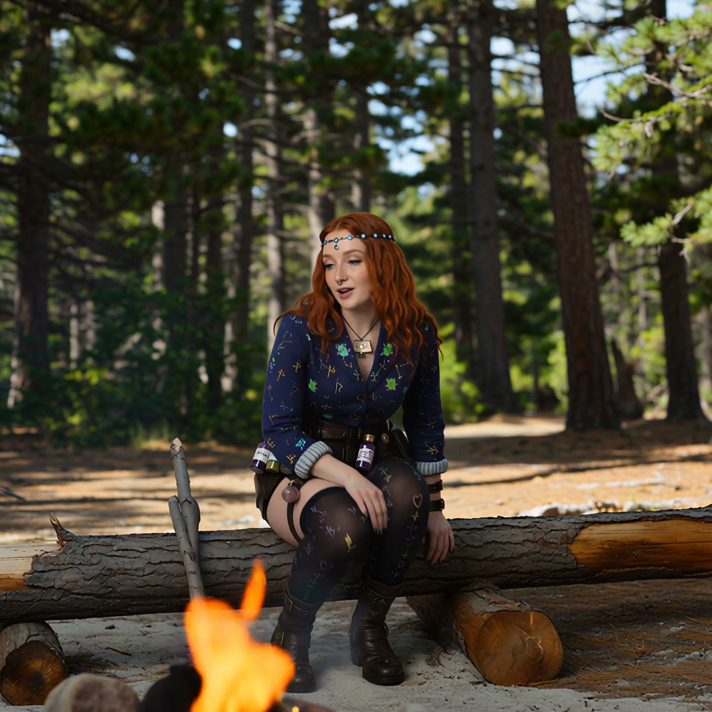 Red-haired fantasy potion maker sits on a log beside a campfire in a sunlit pine forest.