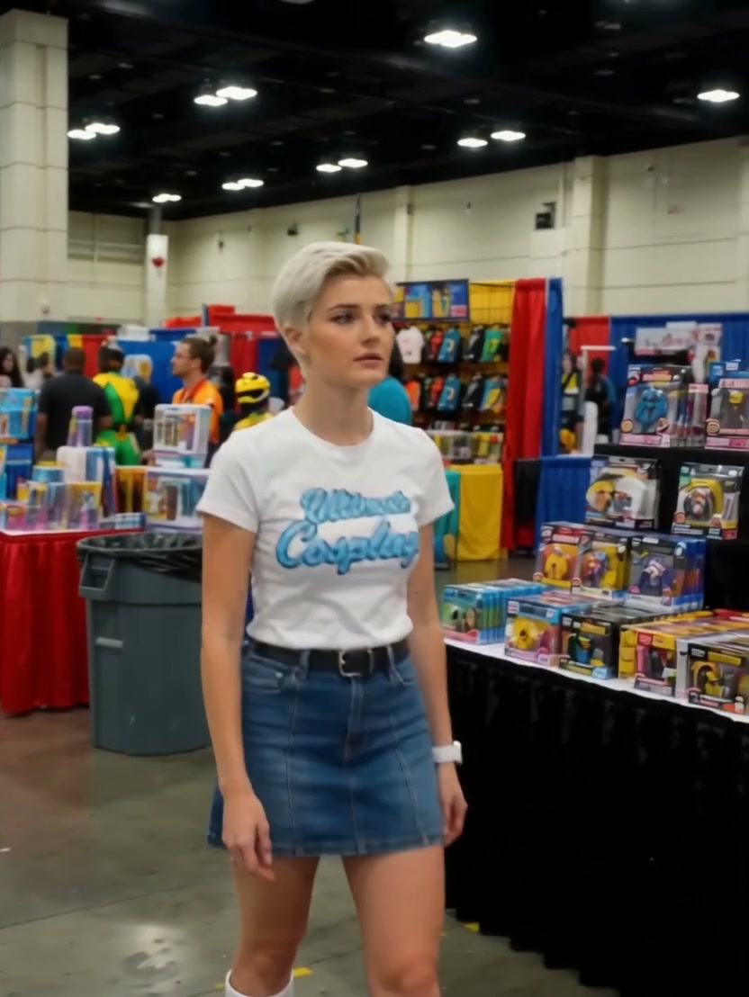 Young short platinum blonde woman in a cosplay graphic tee standing on a busy comic convention sh...