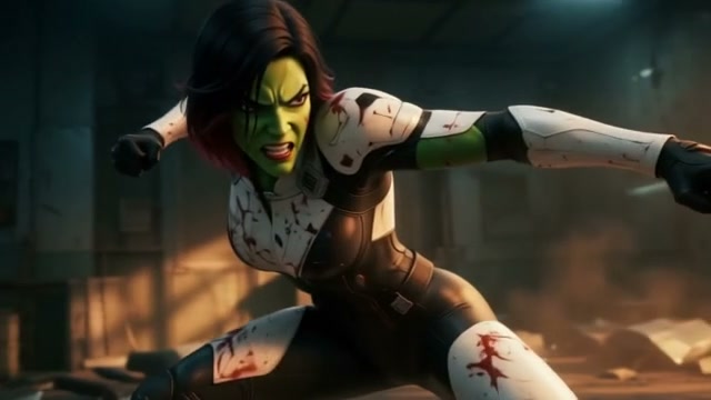 Fierce animated Gamora in combat stance, wearing blood-stained tactical armor in a damaged indust...