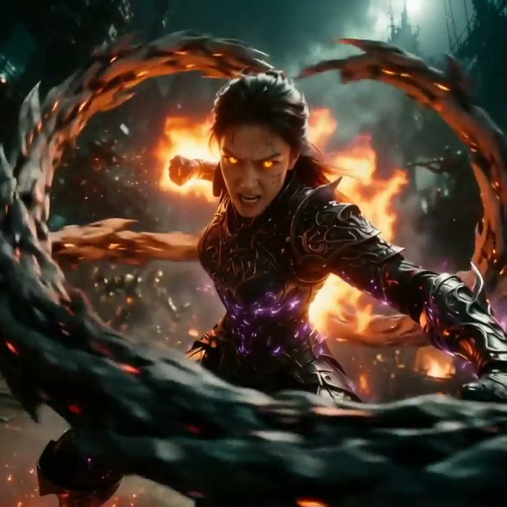 Fierce armored fantasy female warrior with glowing golden eyes summons fiery dark tendrils on a s...