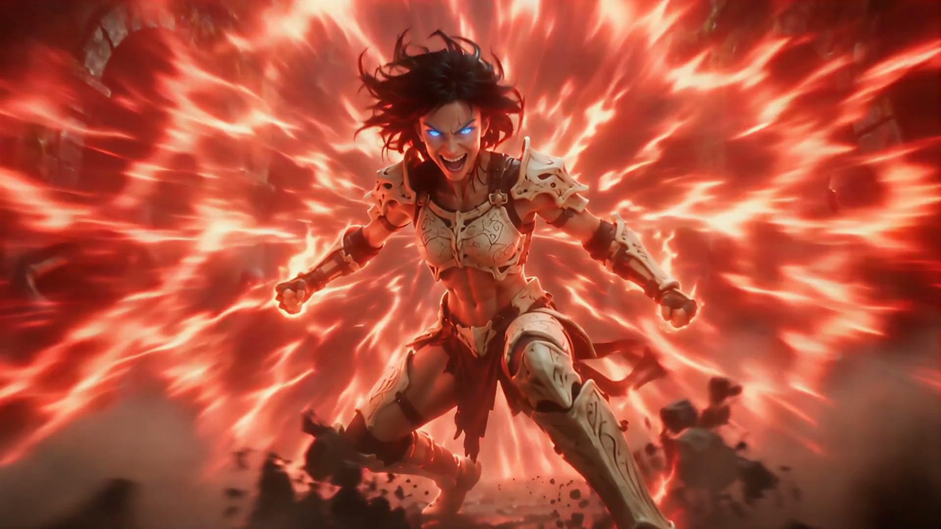 Fierce armored female fantasy warrior unleashes exploding red energy, glowing blue eyes in battle...