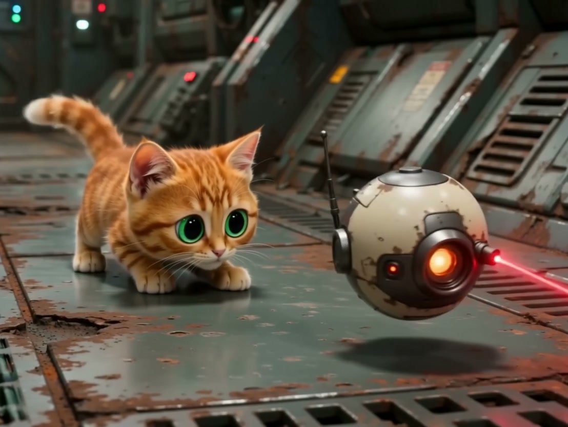 Adorable wide-eyed orange tabby kitten faces a floating spherical sci-fi droid inside a rusted sp...