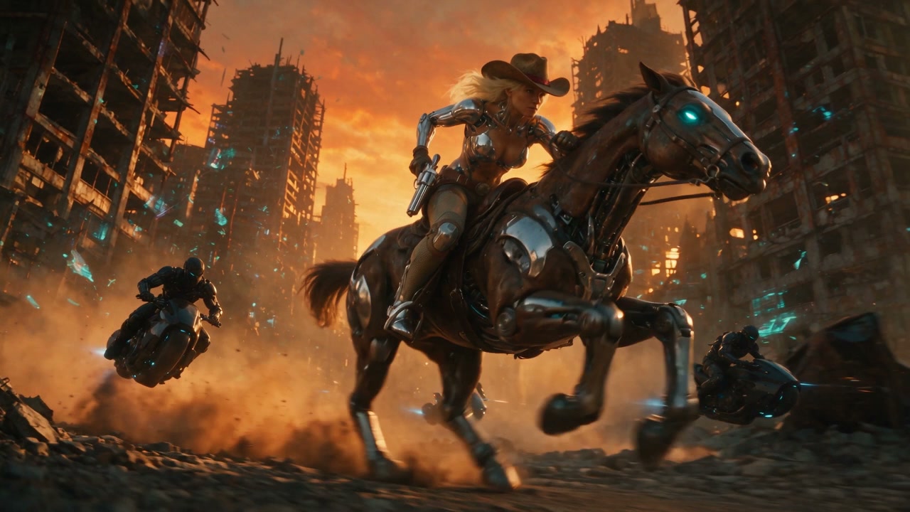 Cybernetic cowgirl rides a mechanical horse fleeing hoverbike pursuers through a ruined post-apoc...