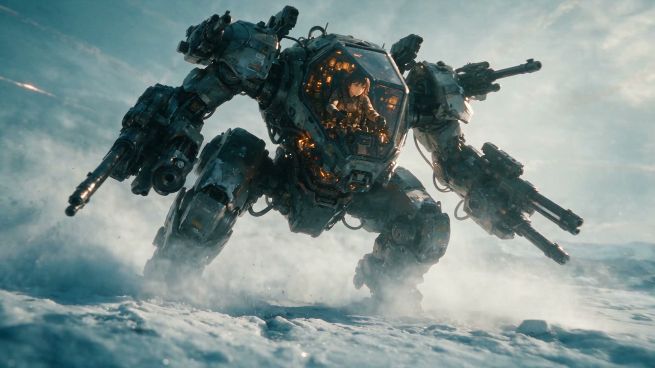 Heavily armed piloted combat mech advances across a snowy arctic plain, kicking up plumes of snow.