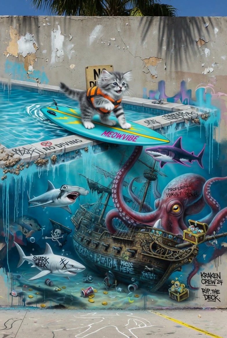 Playful street art mural of a tabby kitten on a surfboard above an underwater pirate pool scene w...