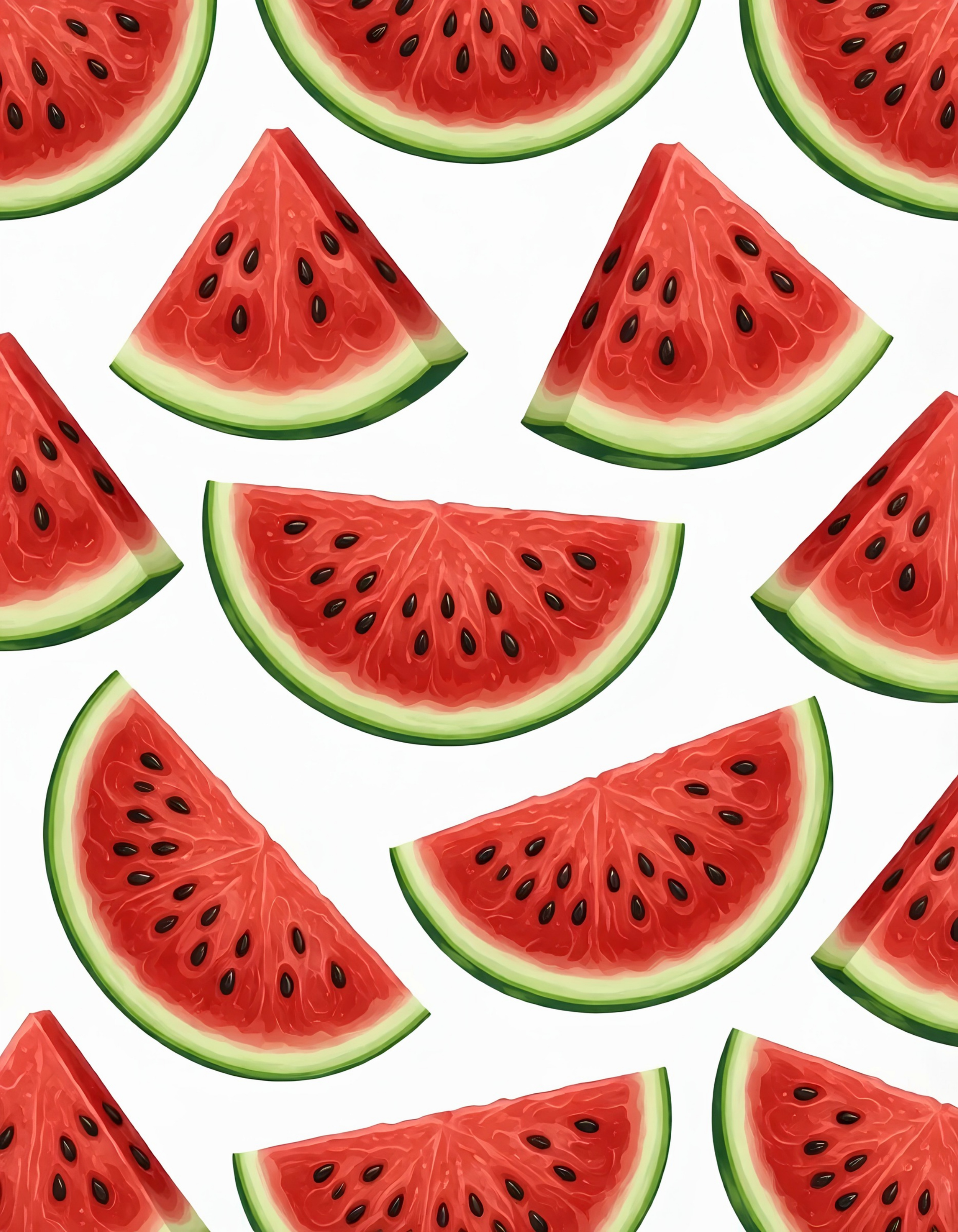 Seamless repeating pattern of illustrated ripe watermelon slices arranged on a plain white background.