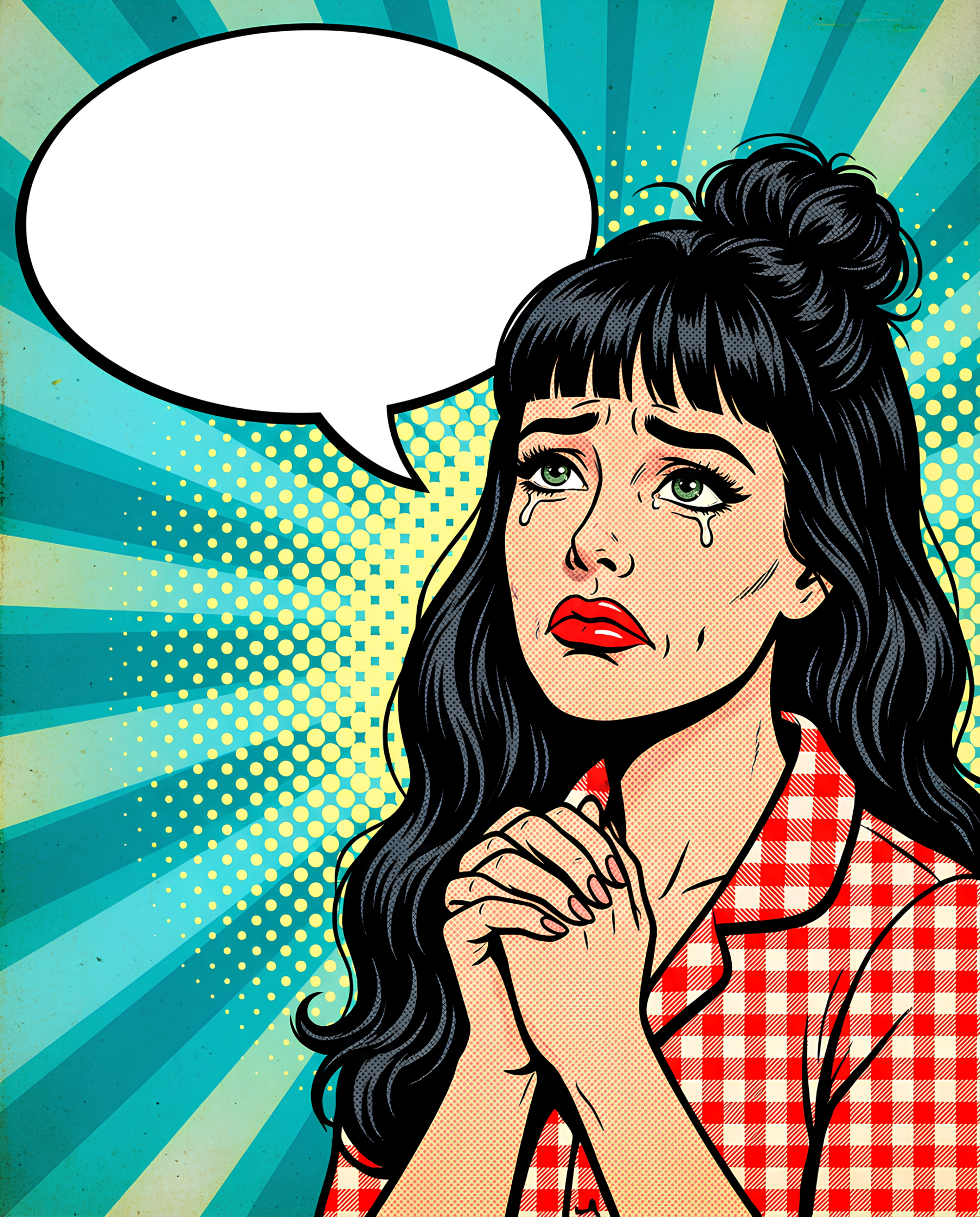 Pop art comic illustration of crying pleading woman with clasped hands, blank speech bubble, retro halftone style.