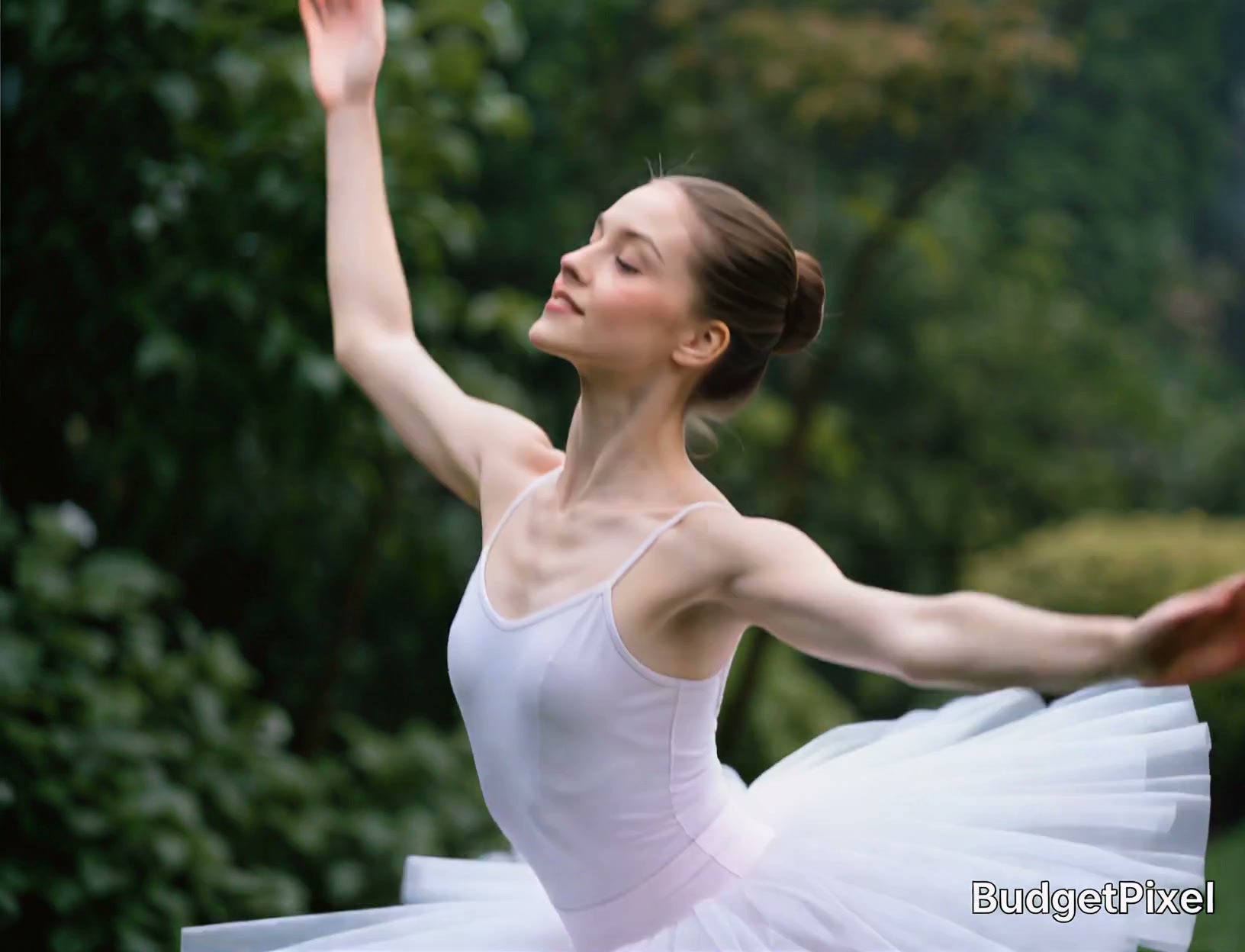 Graceful ballerina outdoors in a white tutu with arms raised and eyes closed.