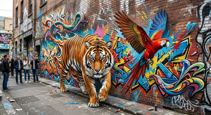 Surreal 3D street art of a Bengal tiger and scarlet macaw appearing to step off a vibrant graffit...