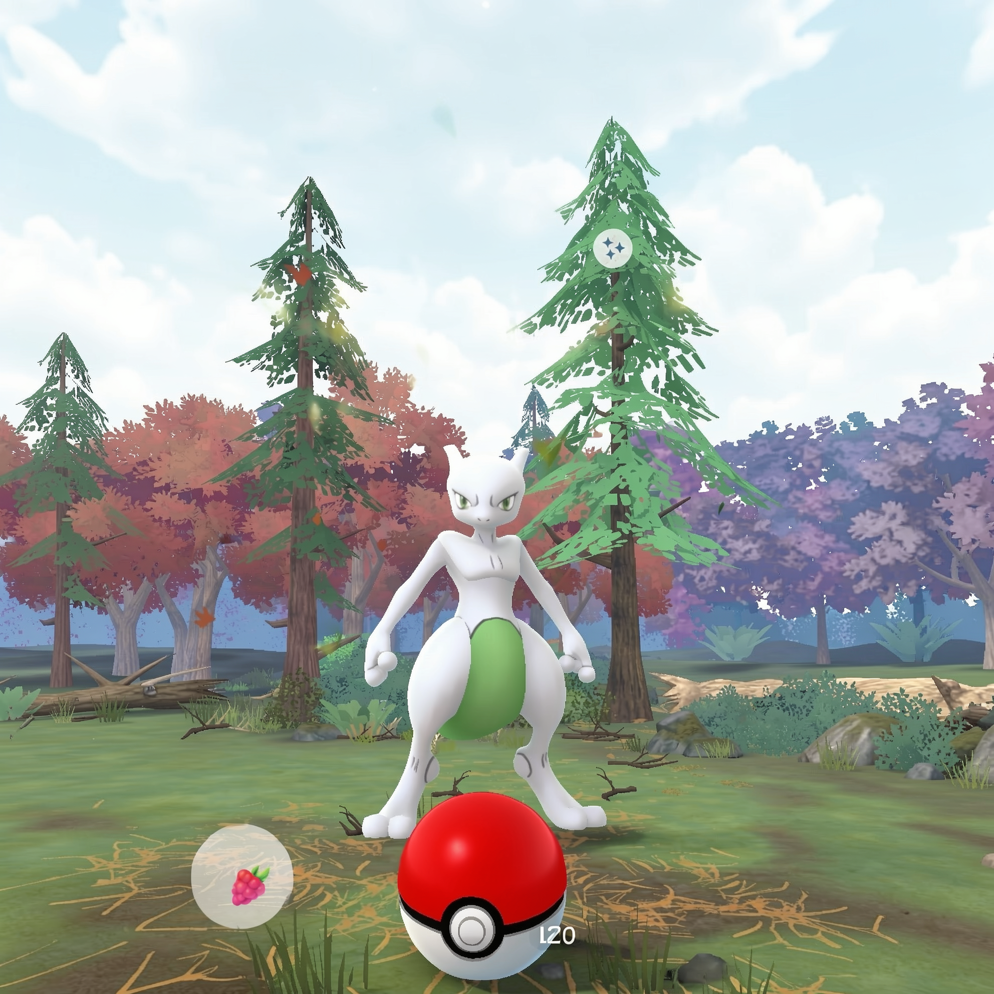 Shiny Mewtwo stands in a forest Pokemon GO encounter scene with a Pokeball and in-game UI elements