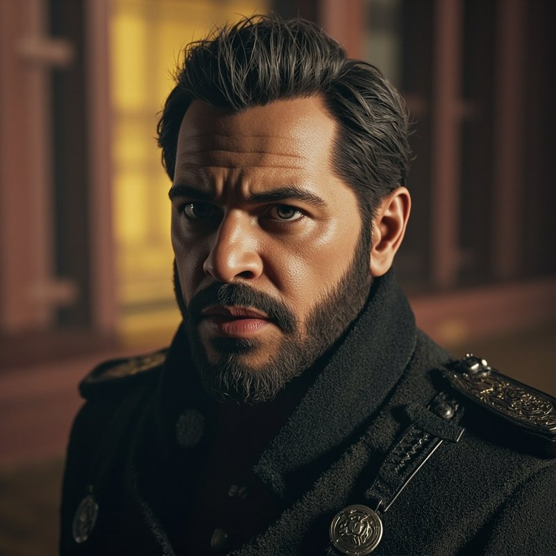 Close-up portrait of a stern bearded man in an ornate dark vintage military uniform, warm blurred indoor background.