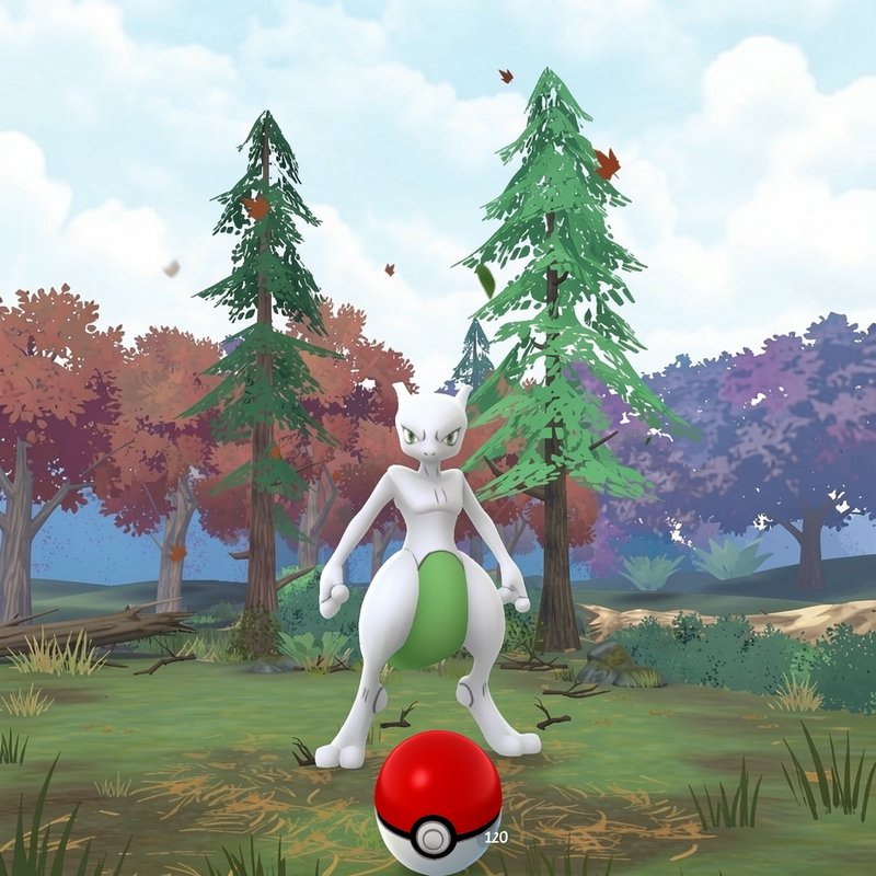 Shiny variant Mewtwo stands facing a foreground Pokeball in a stylized autumn forest during a Pok...