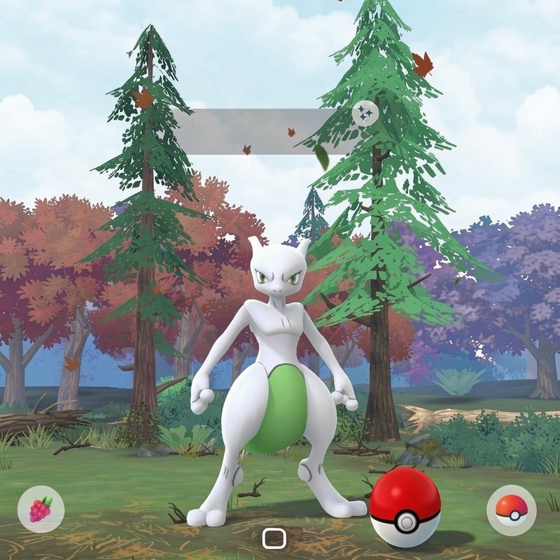 Screenshot of a shiny Mewtwo Pokemon Go encounter, standing in an autumn forest with capture UI e...