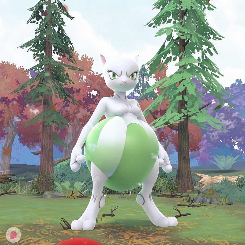 3D rendered stylized anthropomorphic white feline pokemon creature with large green belly standin...