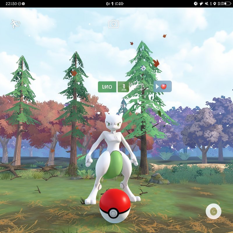 Glitched 3D Mewtwo stands over a Pokeball in a stylized forest Pokemon mobile game screenshot
