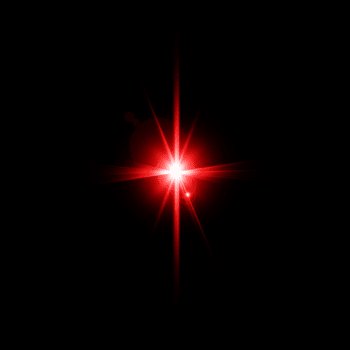 Bright red starburst lens flare with radiating sharp light beams, set against a solid pitch black background.