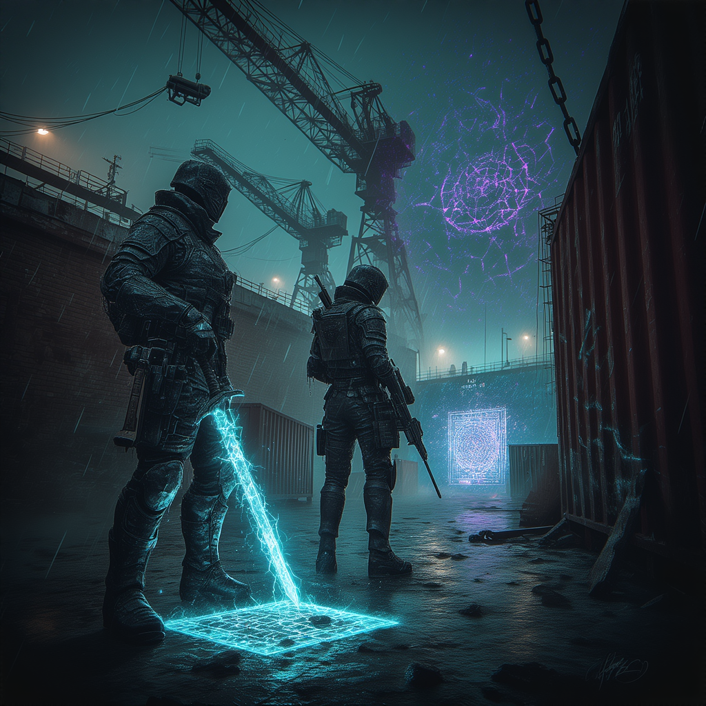 Two armored soldiers in a rainy, neon-lit port with a glowing blue holographic sword and a digital portal.