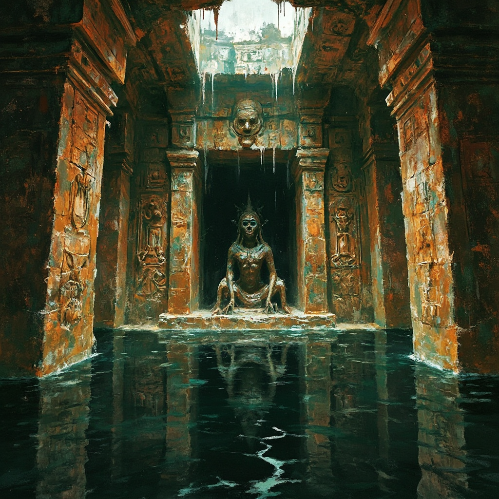 Ancient stone temple with a seated skeletal statue amid water reflections and carved pillars.