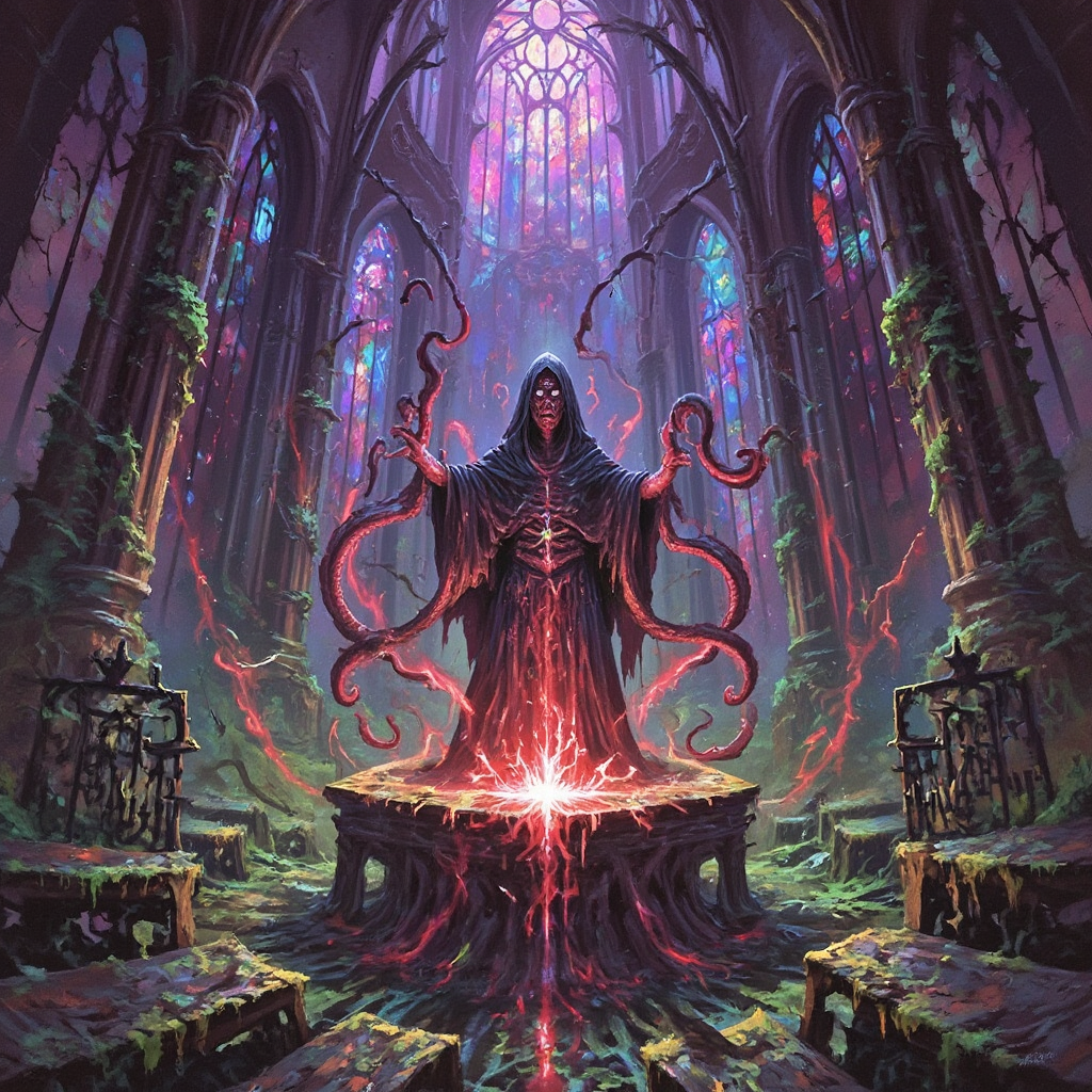 Hooded necromancer-like figure with twisting red tentacles atop a glowing altar in a ruined Gothic cathedral.