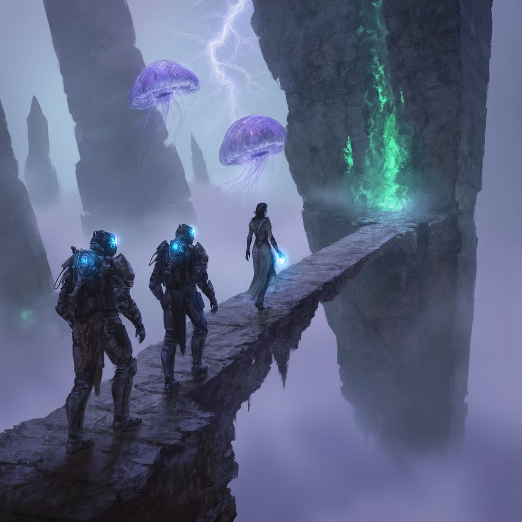 trio of futuristic explorers on a narrow stone bridge in a misty, surreal landscape with glowing jellyfish and a green por...
