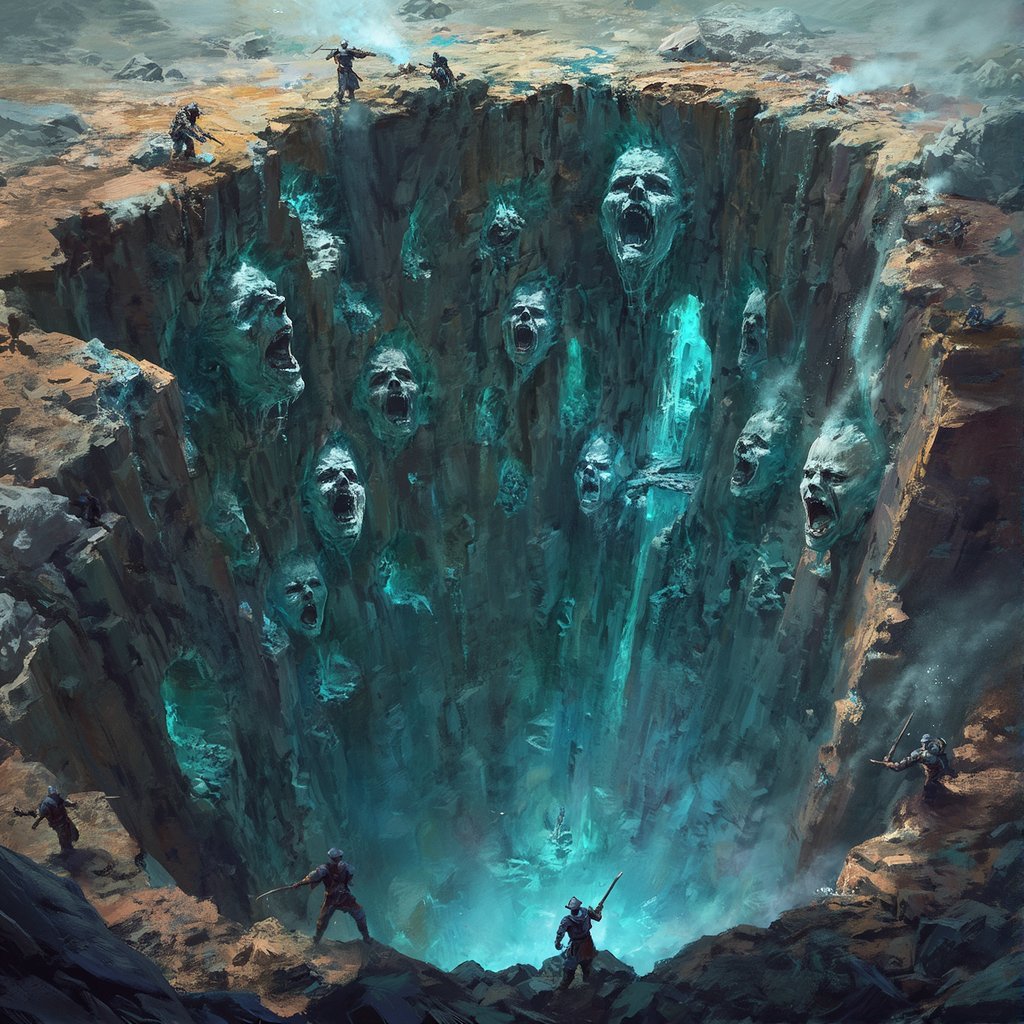 A vast chasm with jagged walls lined by screaming ghost faces and explorers at the edge.