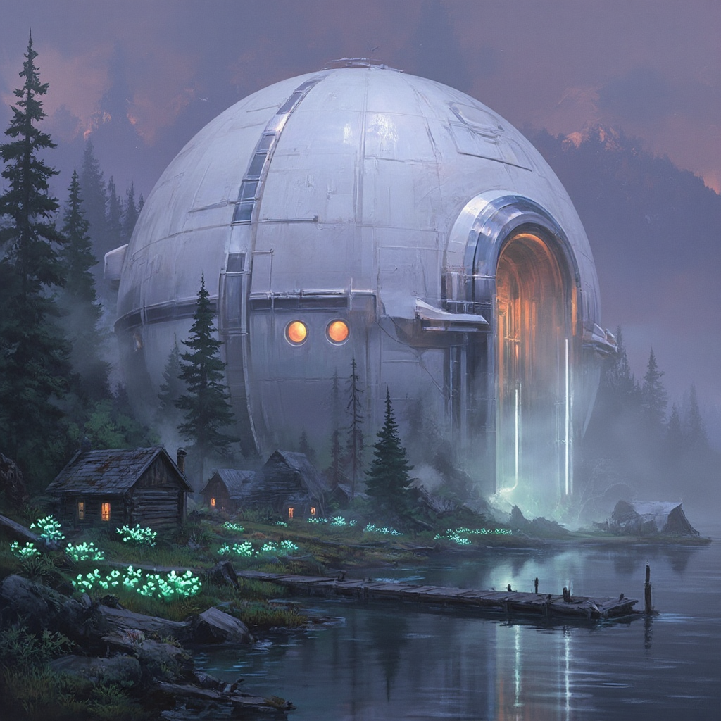A colossal metallic sphere with a glowing arched entrance beside a misty lakeside forest at dusk.