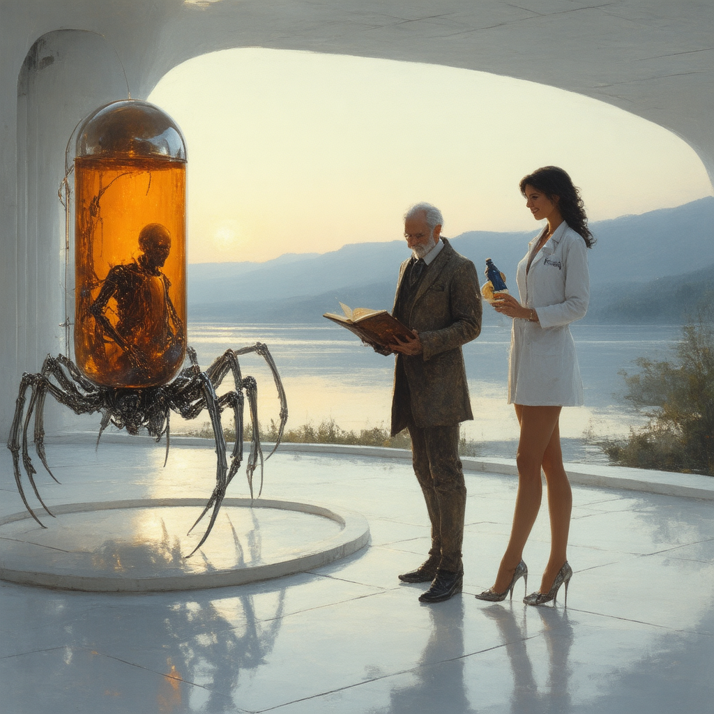Man reading a book and a woman in a lab coat examine a giant amber jar containing a suspended creature on a futuristic lak...