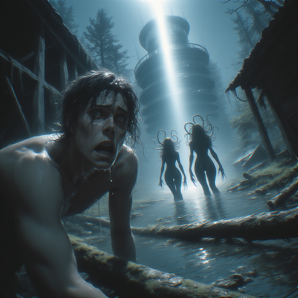 Underwater horror scene with a distressed man in the foreground and two tentacled figures near a spiraling tower.