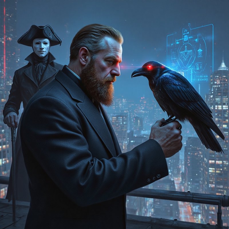 Bearded man in a dark suit on a rooftop with a raven perched on his gloved hand, neon city skyline and a holographic