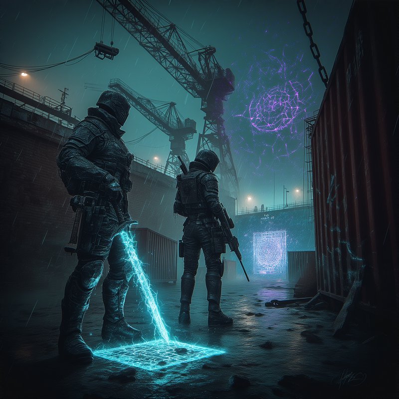 Two armored soldiers in a rainy, neon-lit port with a glowing blue holographic sword and a digital portal.