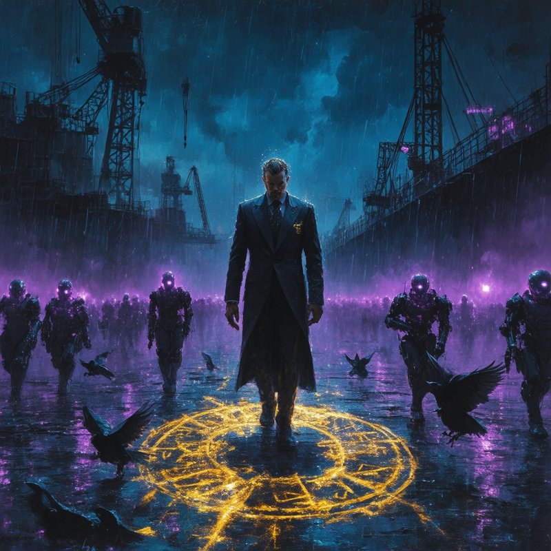 Man in a long coat steps onto a glowing golden sigil amid purple fog and shadowy armored figures in a rain-soaked