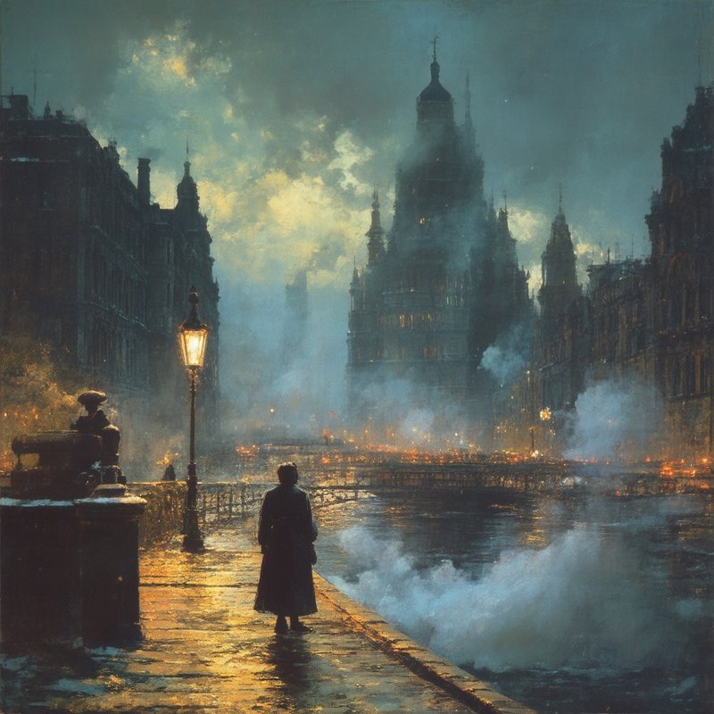A lone figure on a wet riverside at night, with smoky cityscape and a glowing gas lamp.