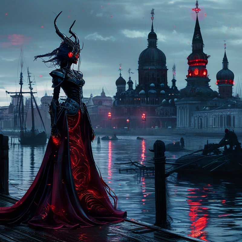 Dark fantasy armored figure with red glow stands on a dock by a neon-lit river at dusk.