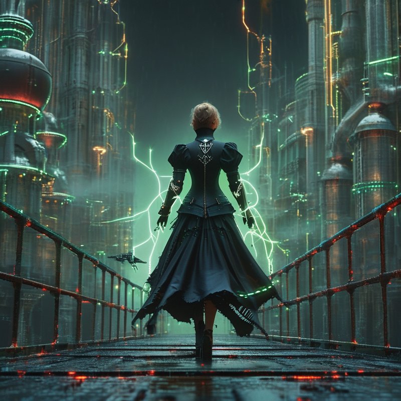 Back view of a woman in a Victorian blue dress standing on a rain-soaked suspension bridge in a neon-lit futuristic city.