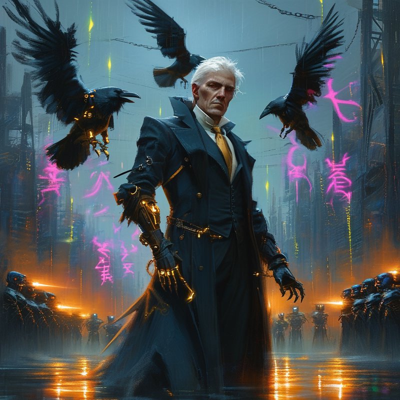 Cyberpunk-styled man with a metallic arm in a neon-lit city, surrounded by ravens.